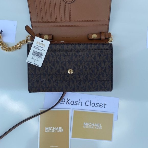 Michael Kors Phone Crossbody Jet Set Travel Medium MK Signature Brown - Picture 7 of 10